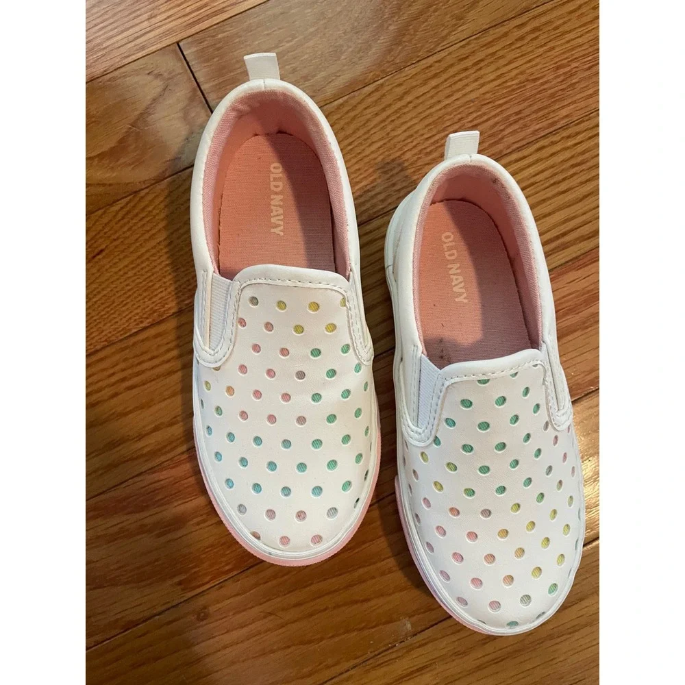 Old Navy Kids White Multi Color Perforated Polka Dot Slip On Sneakers Pink Sole‎